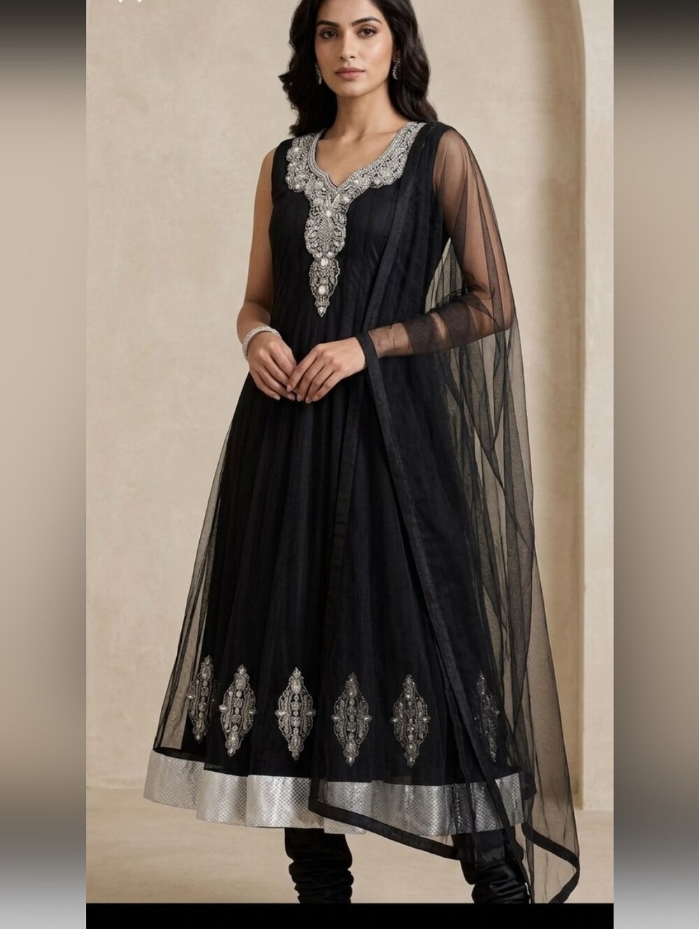 Elegant Black Embellished Women's Anarkali Dress with Silver Accents